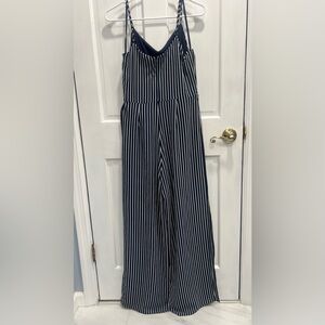 MONTEAU Blue White Striped Jumpsuit With Belt & Leg Slits SIZE LARGE Pre Loved
